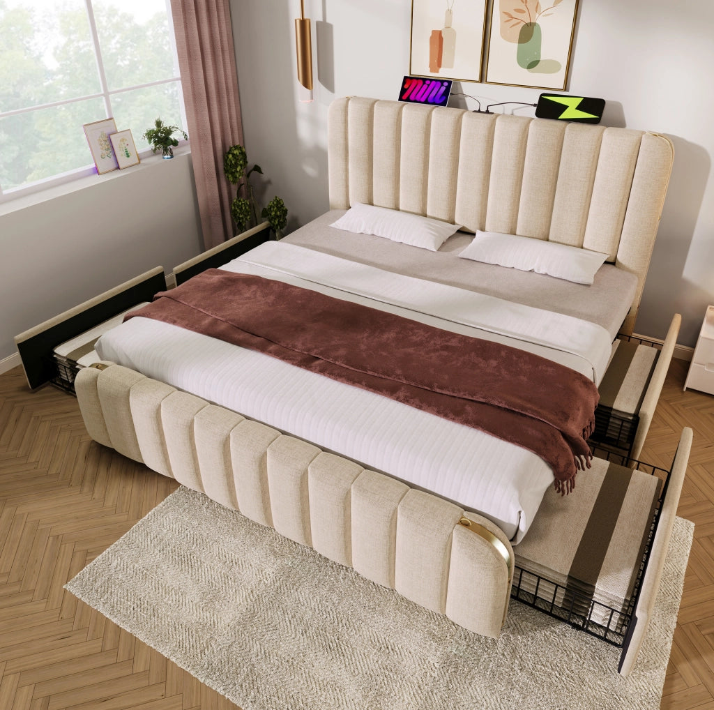 Letto matrimoniale beige 180x200 cm con 4 cassetti, USB e Type-C