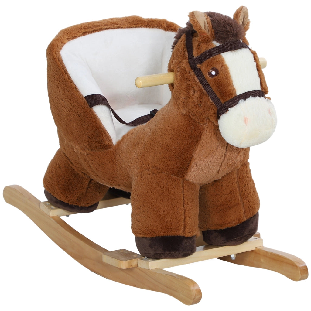 Cavallo a Dondolo per Bambini 18-36 Mesi con Suoni, Base in Legno e Cintura di Sicurezza, Marrone