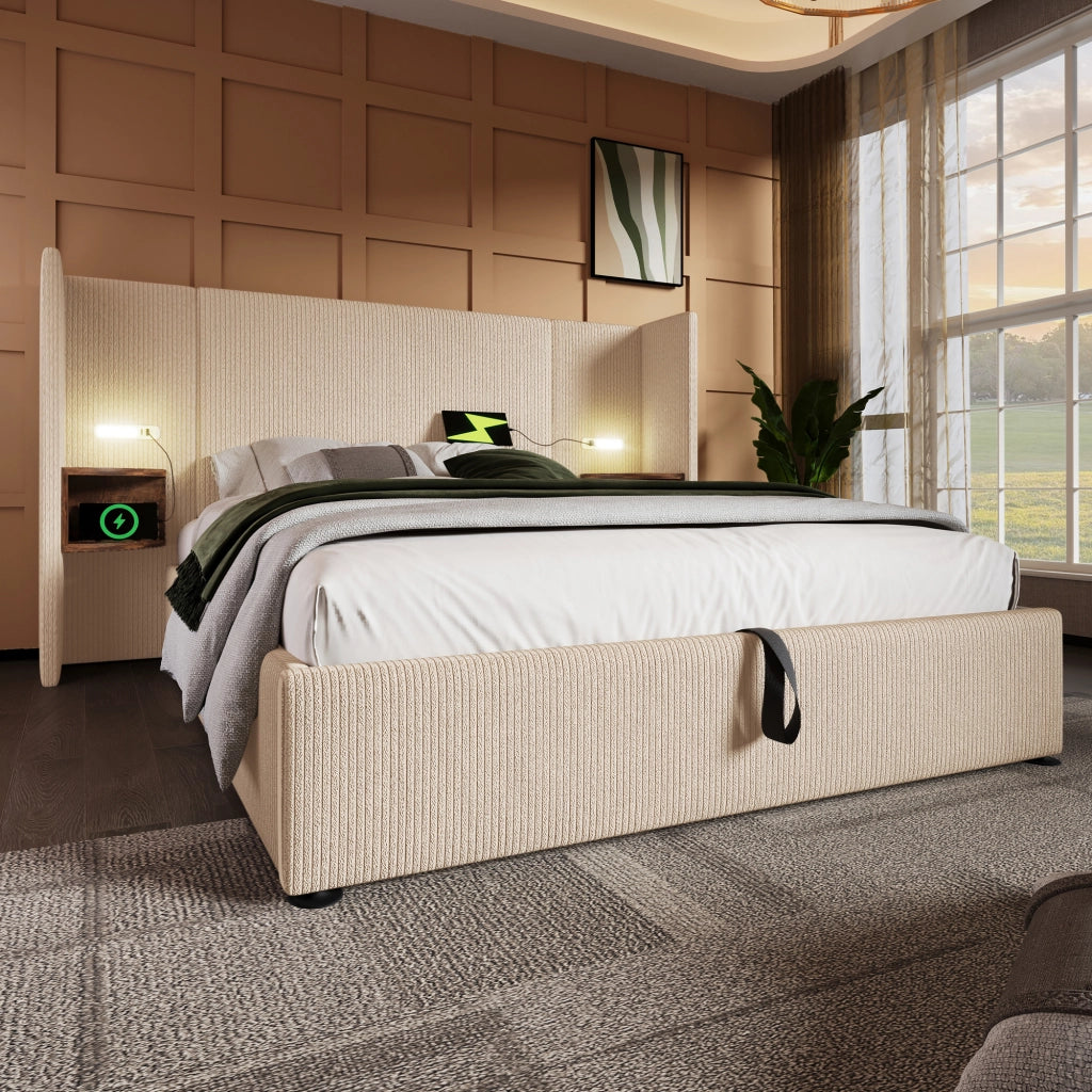 Letto Matrimoniale 160x200 Imbottito in Tessuto a Coste con Contenitore; Luce di Lettura e USB; Beige e Bianco