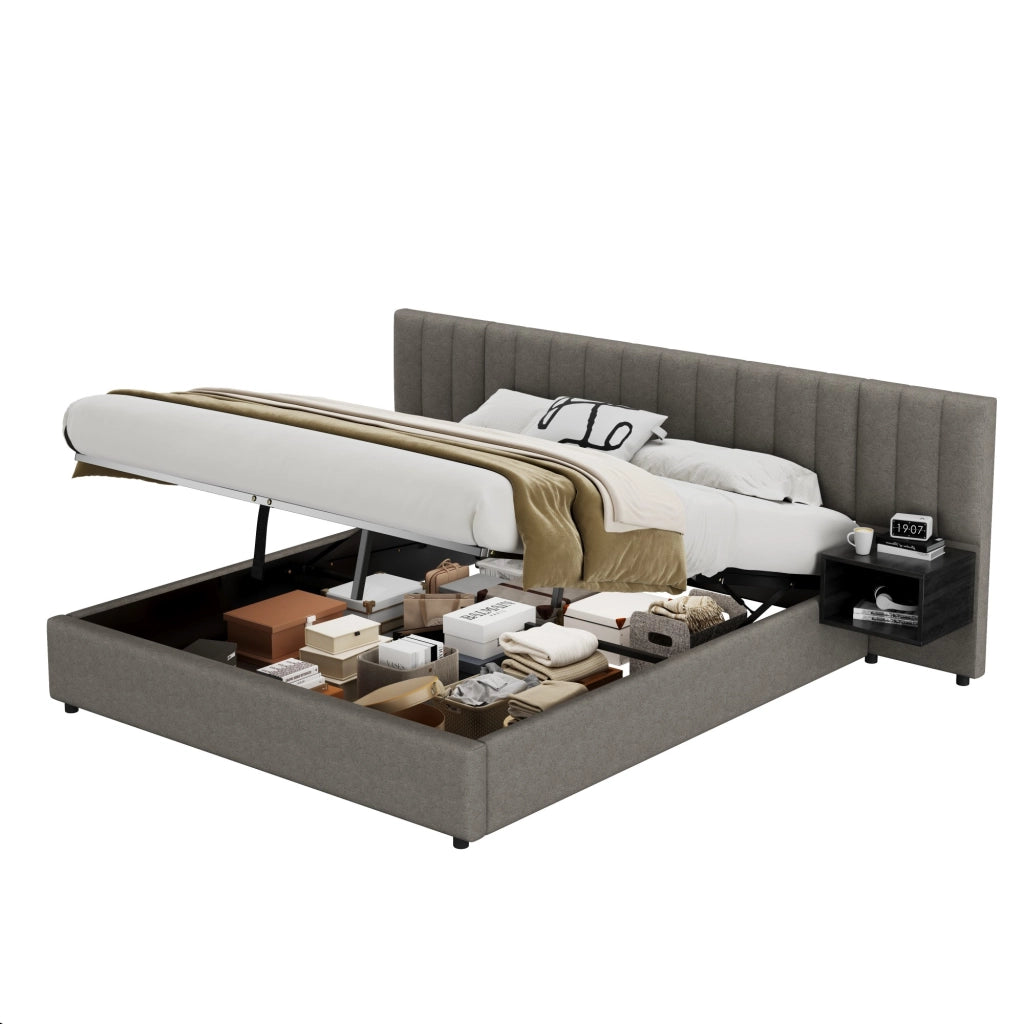 Letto imbottito con contenitore idraulico e 2 comodini, 180x200 cm, lino grigio/nero