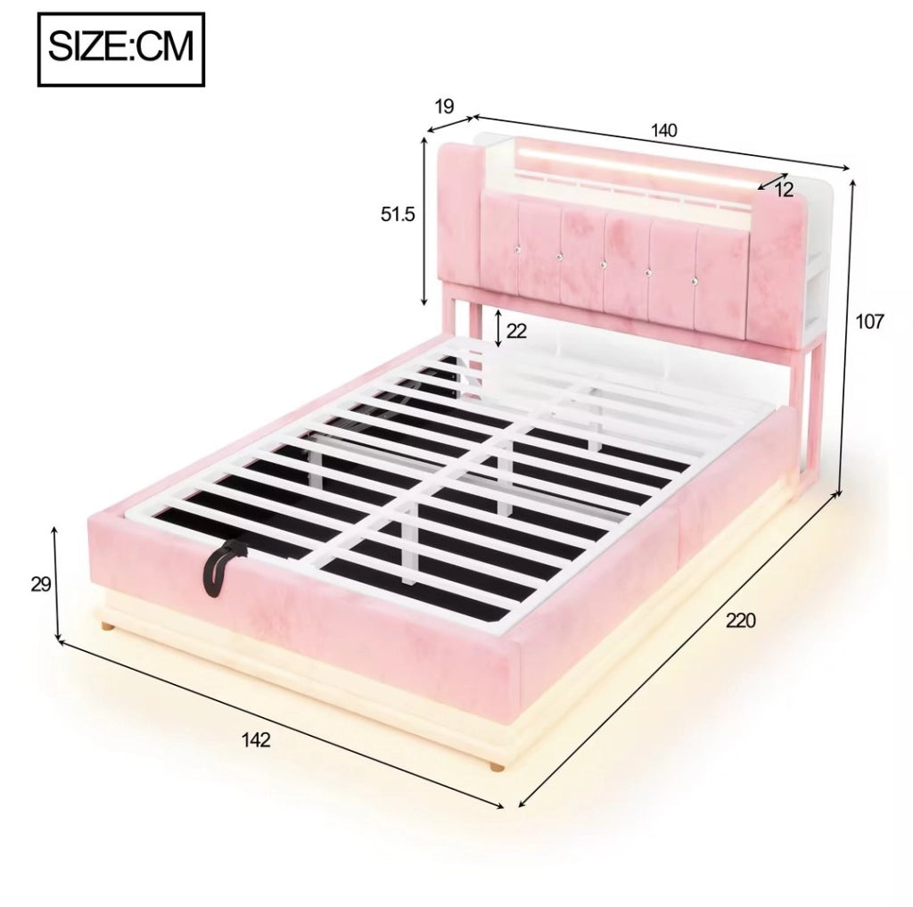 Letto contenitore 140x200 cm in MDF, metallo e velluto rosa con LED e USB senza materasso