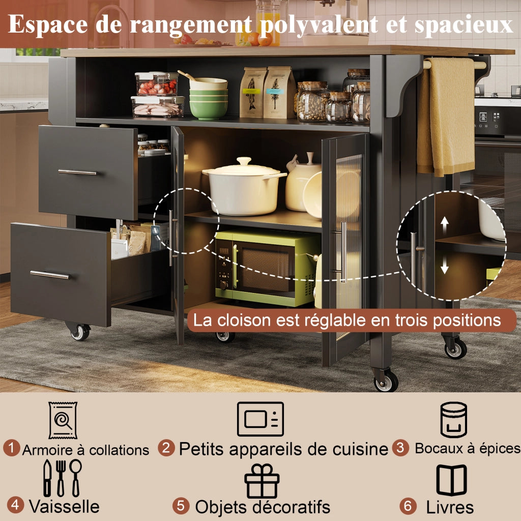 Carrello da cucina con piano pieghevole; 2 cassetti; anta in vetro ondulato; LED; ruote e portaasciugamani nero