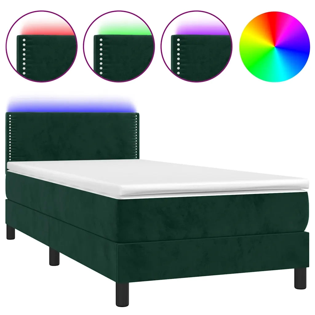 Letto a Molle con Materasso e LED Verde Scuro 100x200cm Velluto 3134330