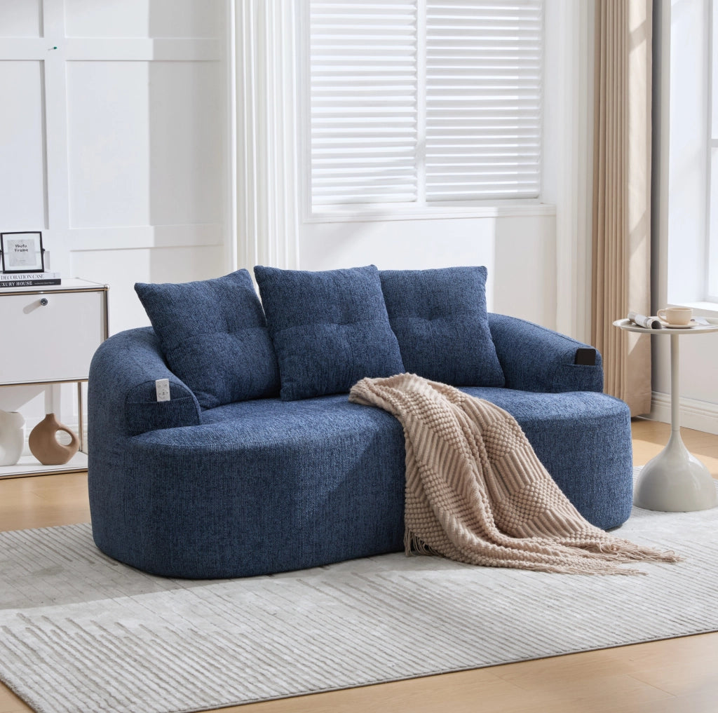Divano due posti in chenille blu con design contemporaneo, senza molle, 164x92x60 cm