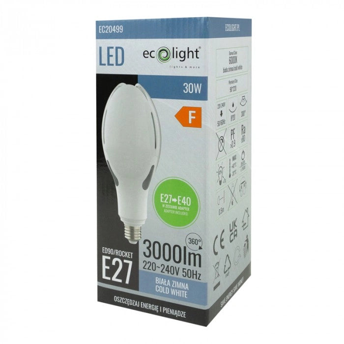 Ecolight Lampadina LED 30W 3000lm 6000K E27-E40 con adattatore