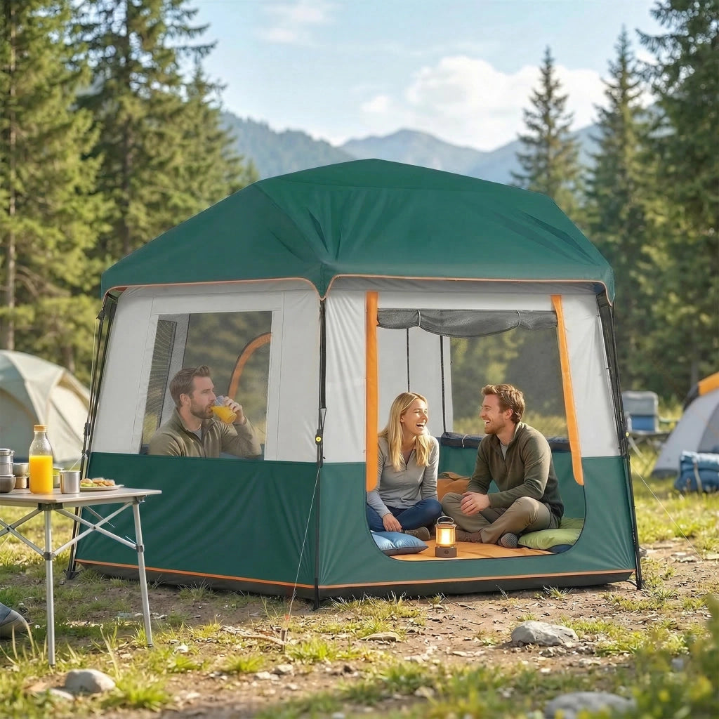 Tenda da campeggio per 4-6 persone verde impermeabile 3000 mm con protezione UV30+ e telo superiore rimovibile 350x350x205 cm