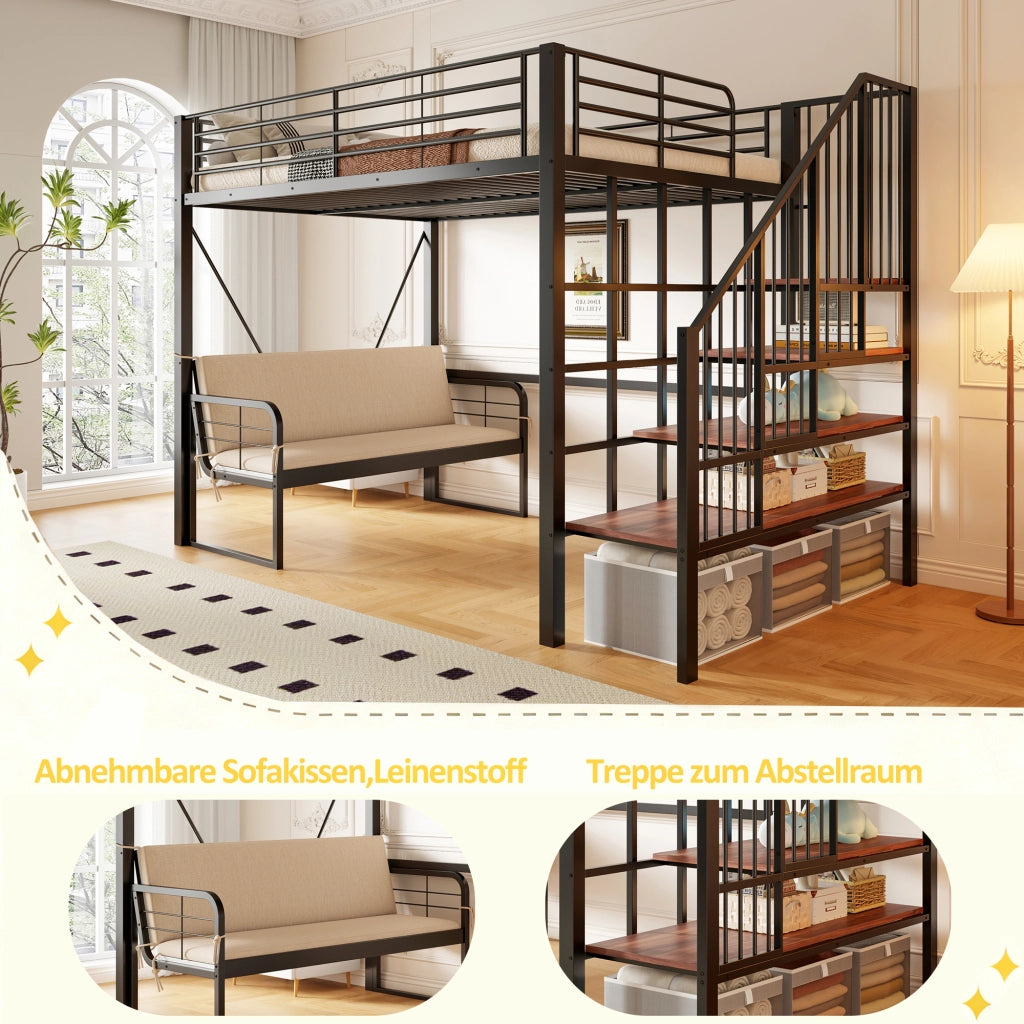Letto a castello 140 × 200 cm con divano imbottito removibile scala contenitore in metallo e MDF nero