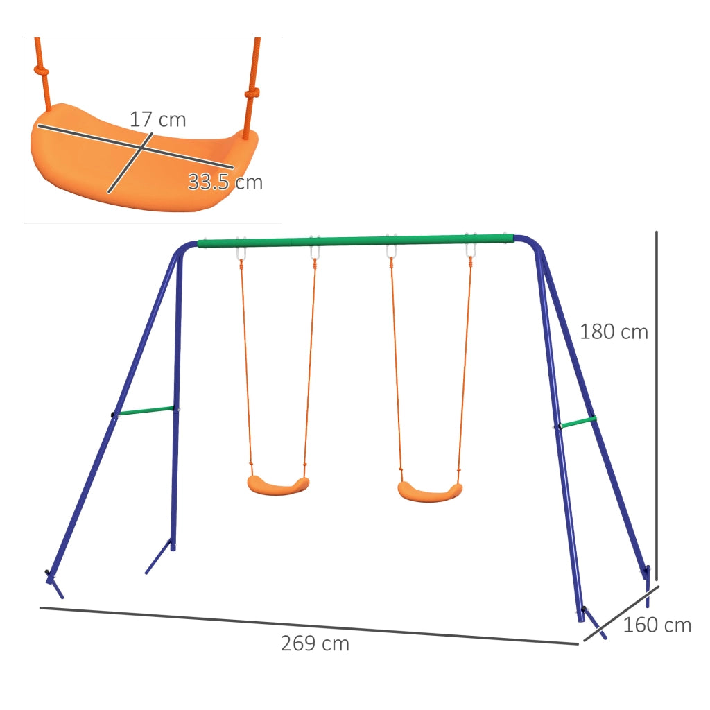Altalena per Bambini 3-8 Anni con 2 Seggiolini e 4 Picchetti, in Metallo e PP, 269x160x180 cm