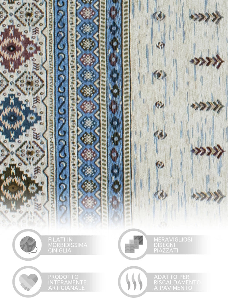 Tappeto Arredo Moderno Morbido in Ciniglia Ingresso Antiscivolo Prodotto Italiano  Soggiorno Camera Salotto Disegni Piazzati Cotone Varie Misure Grande Loom/Azzurro - 65x300 cm