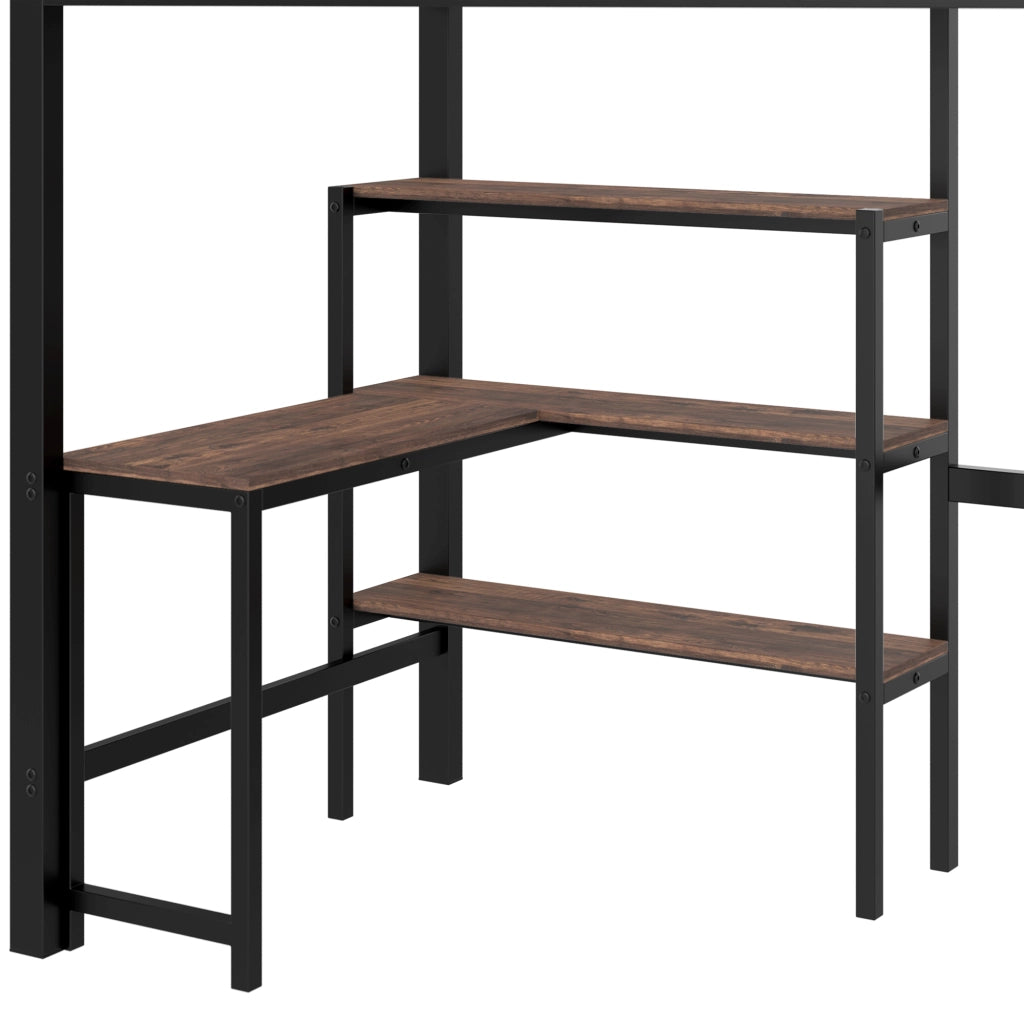 Letto a soppalco 90 × 200 cm con scrivania ripiani e armadio integrati in metallo e MDF nero e marrone