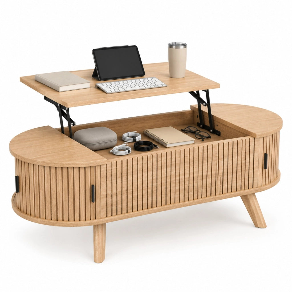 Tavolino da salotto ovale 110x50 cm con piano sollevabile e ante scorrevoli naturale HOMVRA