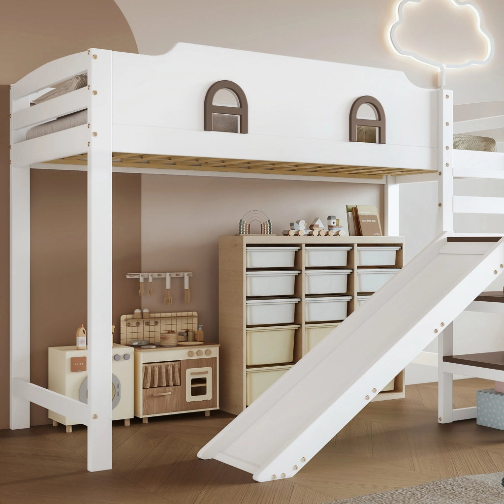 Letto a castello per bambini 90 × 200 cm 2 posti con scivolo, scala con 2 vani e finestre, senza materasso, bianco