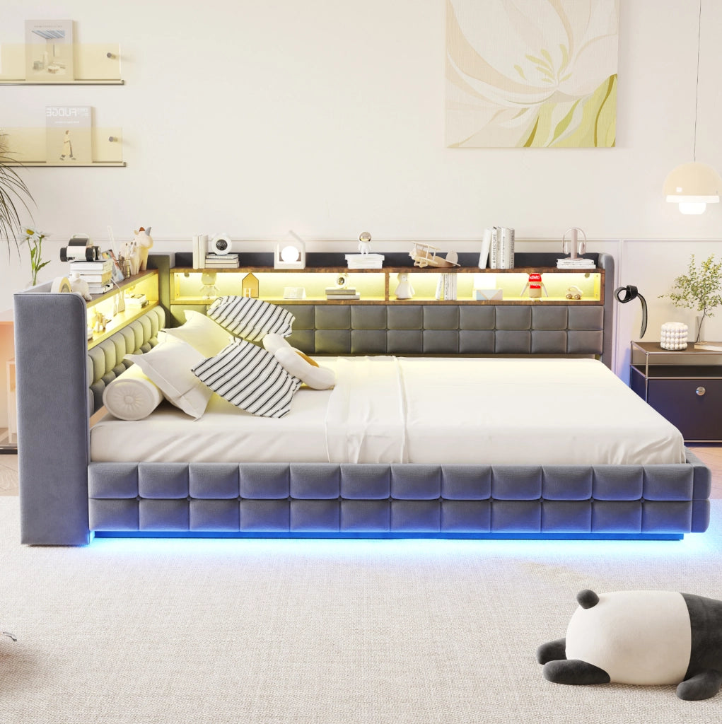 Divano letto imbottito 140x200 cm con contenitore; LED; prese USB e Type-C; grigio