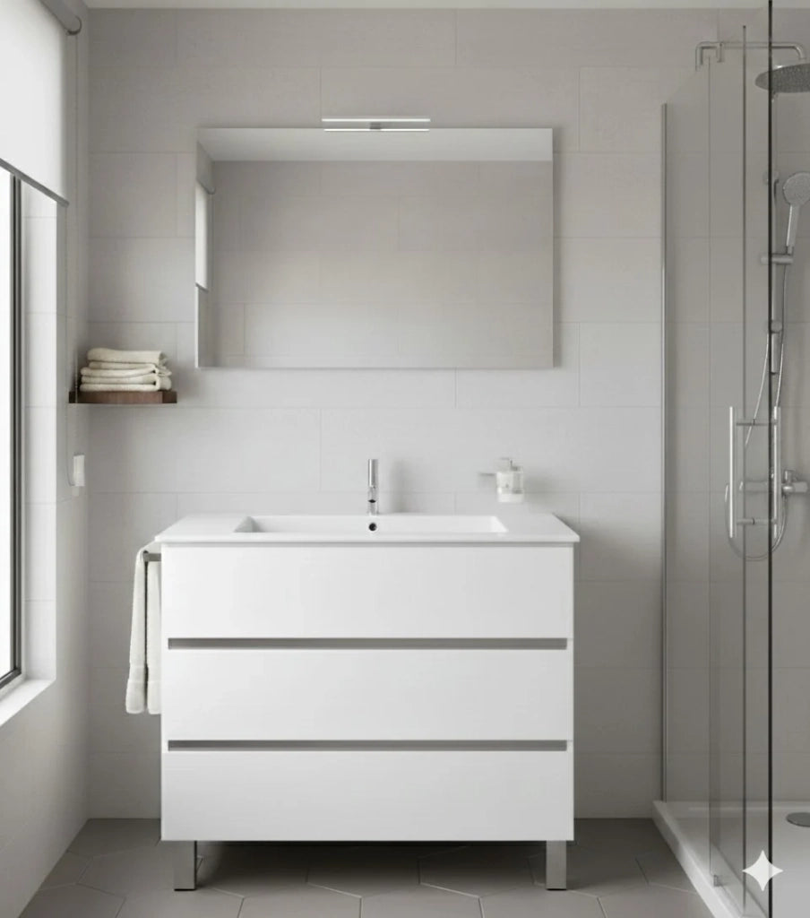 Mobile Bagno BALDER Già Montato 3 cassetti con piedini, lavabo e specchio Bianco lucido 120x45 cm doppio lavabo