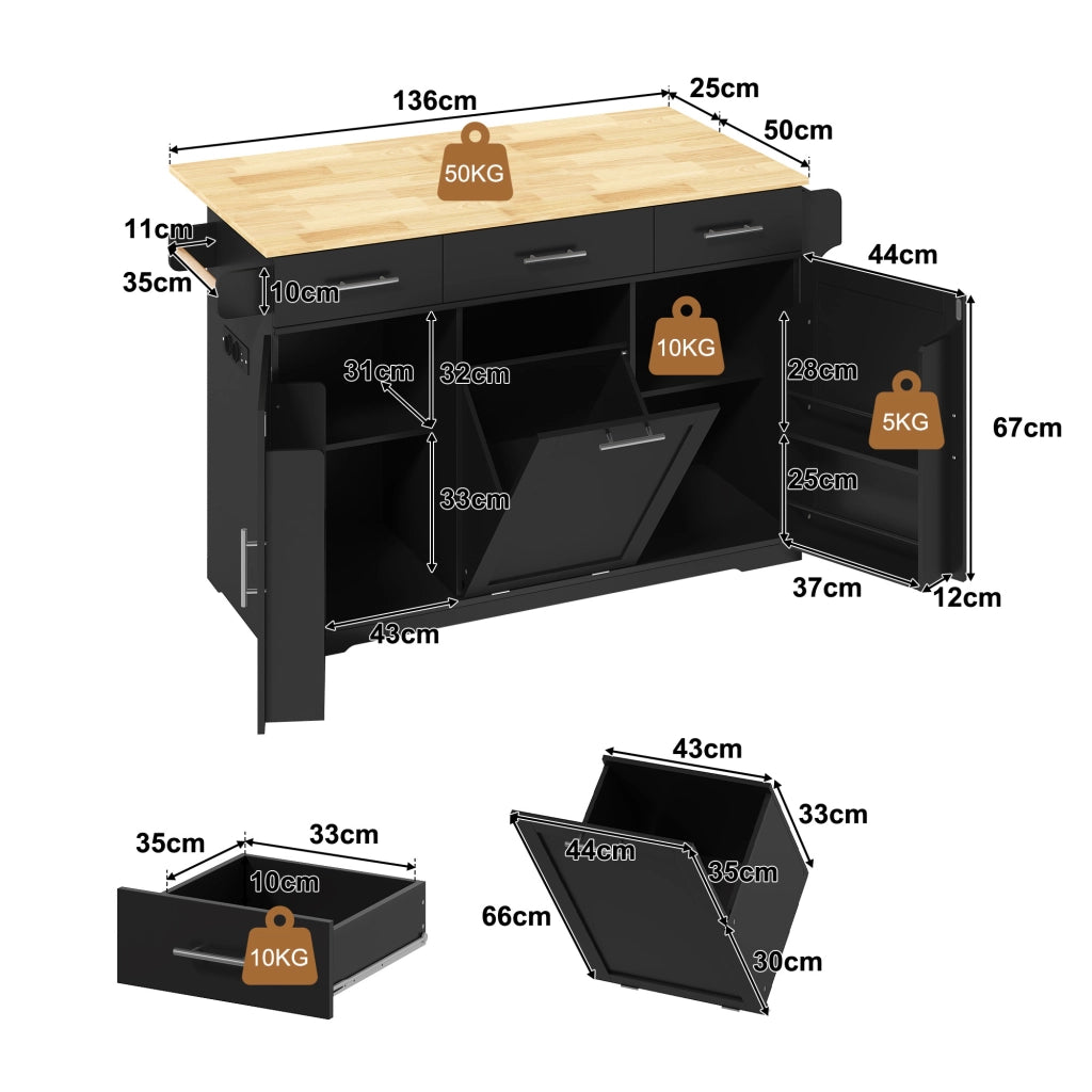 Mobile da cucina con 3 cassetti; vano pattumiera e presa con 2 AC e 2 USB in MDF nero e naturale
