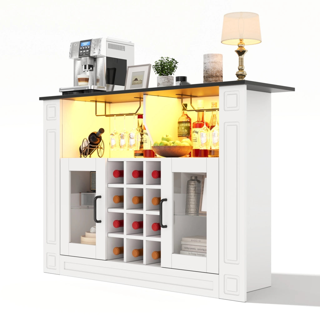Mobile bar per vini 120x35x84 cm con LED RGB; portabicchieri e 12 vani; MDF bianco