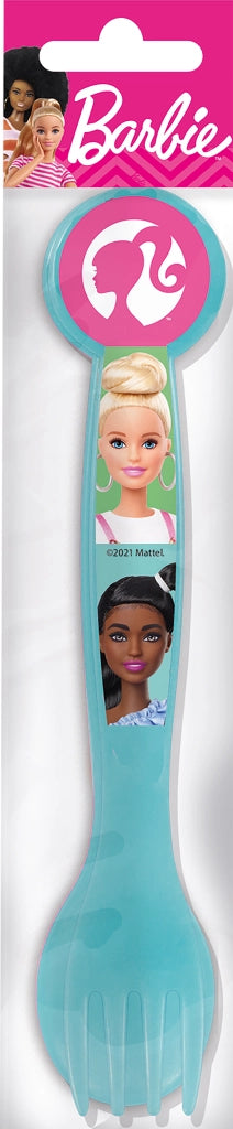 Set 2 posate azzurre per bambine in plastica Barbie cucchiaio e forchetta