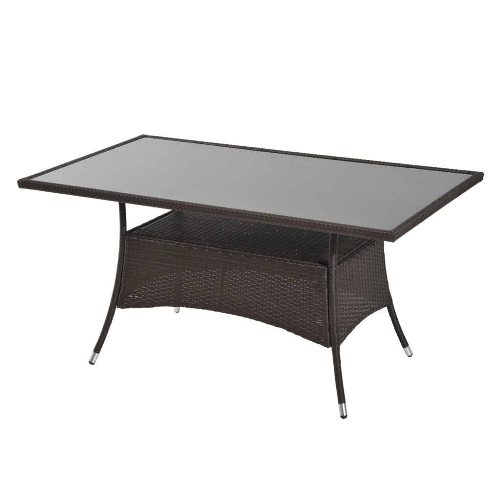 Tavolo da giardino da pranzo in polyrattan e vetro temperato marrone e nero robusto per esterno 150x85x74cm