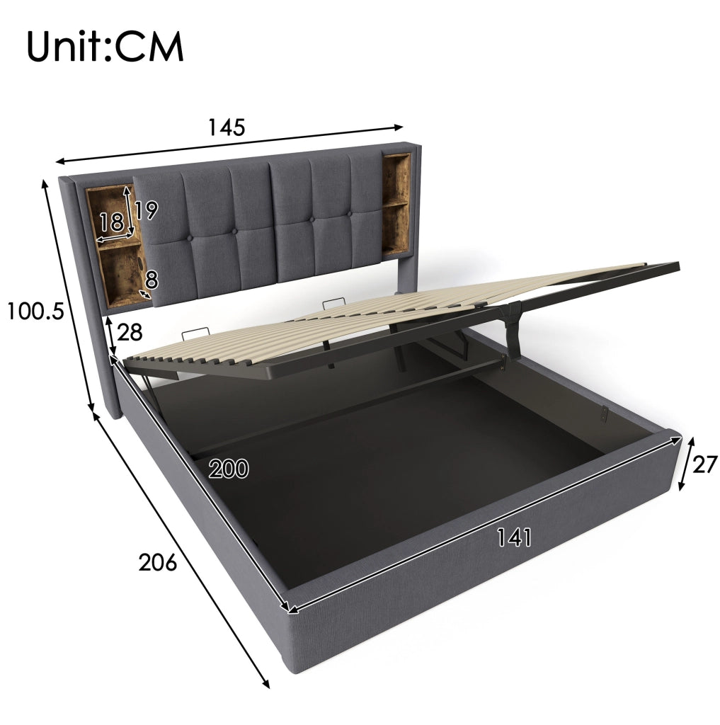Letto imbottito 140x200 cm con contenitore; ricarica wireless; USB e Type-C; grigio