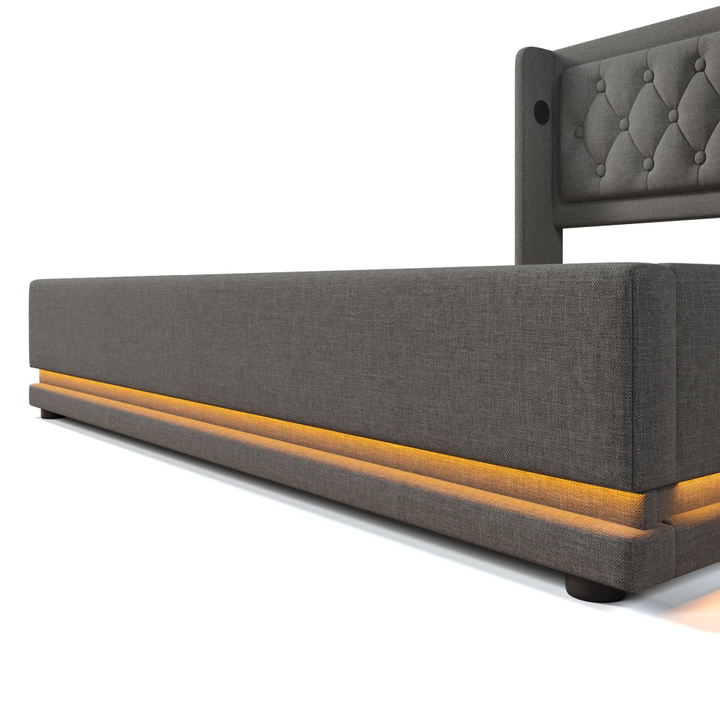 Letto matrimoniale imbottito 160x200 cm con contenitore, LED e ricarica USB-C