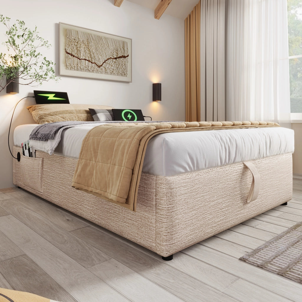 Letto contenitore singolo 90×200 cm con USB; Type-C e tasca laterale; senza materasso; in lino; naturale