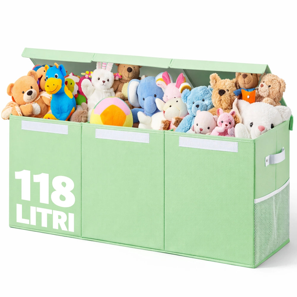 Box Contenitore per Giocattoli 91,5x32x40,5 cm Pieghevole 3 Scomparti 118L in TNT Verde