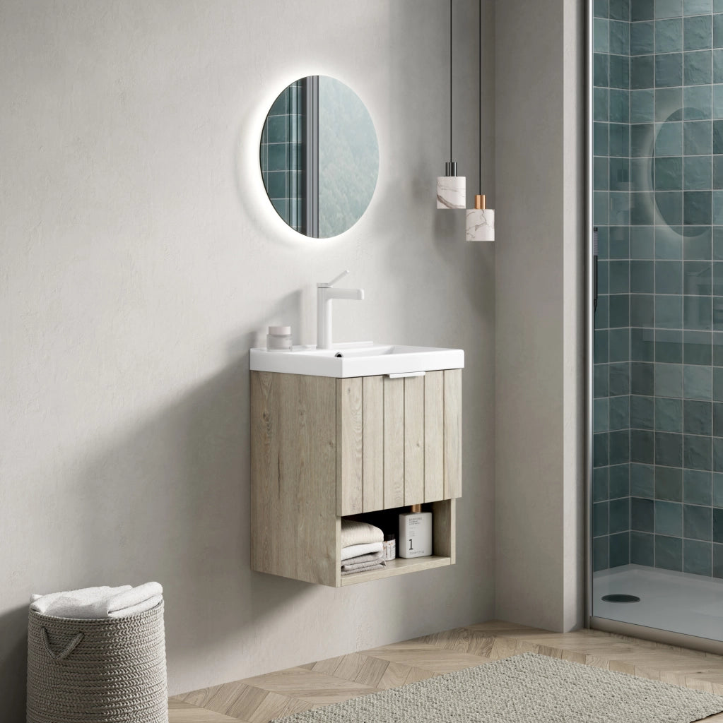 Mobile bagno 42 cm con lavabo in ceramica bianca, armadietto a doppia anta e ripiano aperto finitura rovere crema