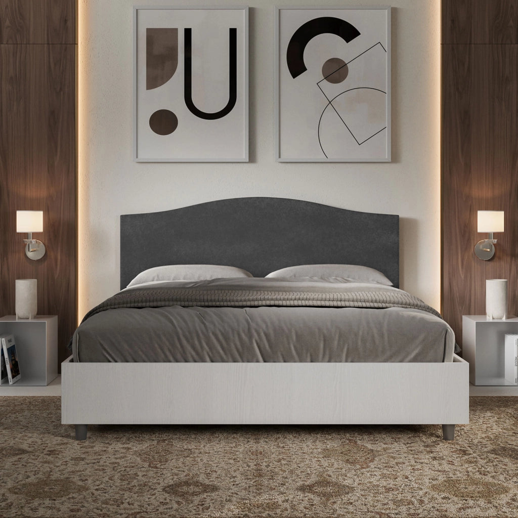 BS COM Letto matrimoniale con rete 160x200 bianco frassino testata microfibra grigio