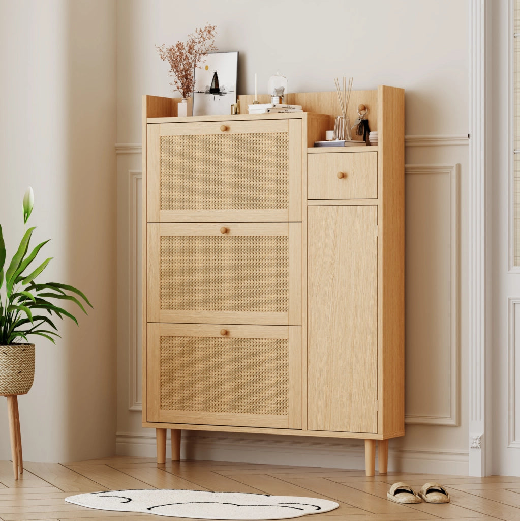 Scarpiera salvaspazio 90x125x17 cm con 3 ante a ribalta e cassetto in MDF naturale HOMVRA