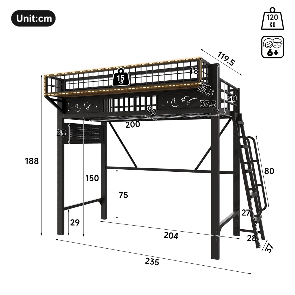Letto a soppalco 90 × 200 cm con vani portaoggetti e spazio inferiore aperto in metallo nero