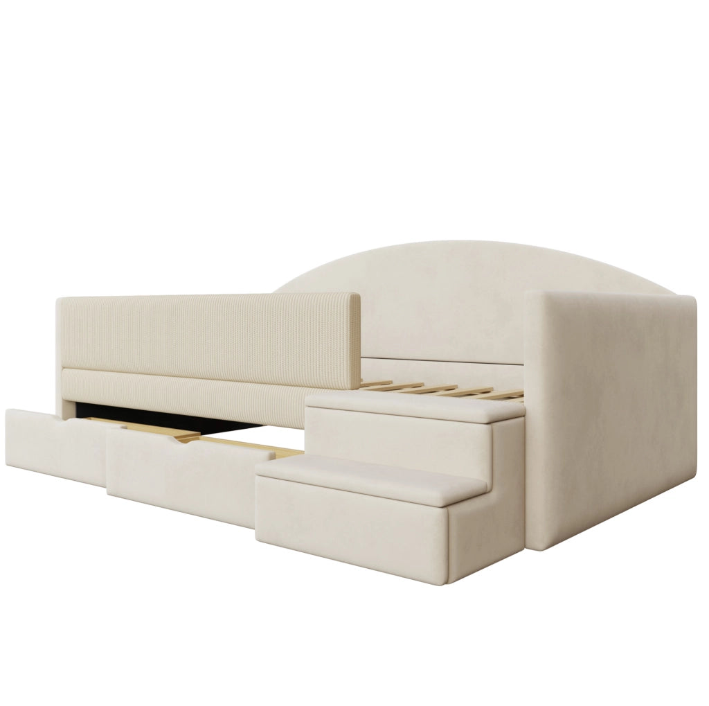 Letto imbottito multifunzionale 90x190 cm con due cassetti e protezioni, tessuto vellutato beige, senza materasso