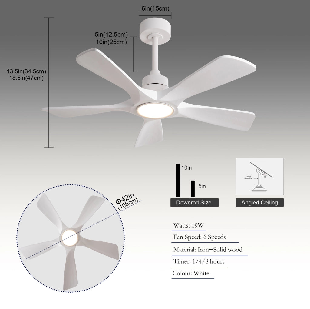 Ventilatore a soffitto 42" bianco con pale in legno massello, telecomando wireless, LED dimmerabile 3CCT, 6 velocità con memoria spegnimento