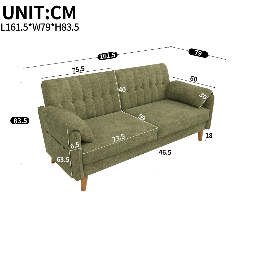 Divano 2 posti 161,5x79x83,5 cm in ciniglia verde con tasche laterali