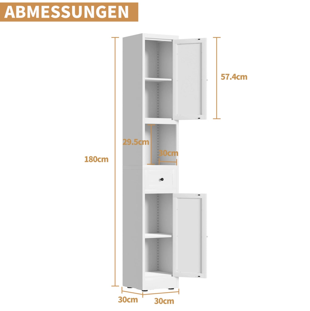 Mobiletto bagno bianco in metallo stretto con 5 ripiani regolabili e 2 ante, H 180 x L 30 x P 30 cm