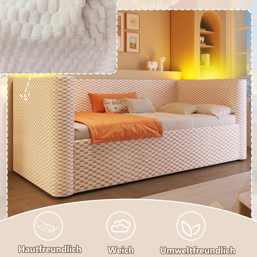 Letto divano singolo 90 × 200 cm con contenitore idraulico e LED multicolore; senza materasso; in velluto beige