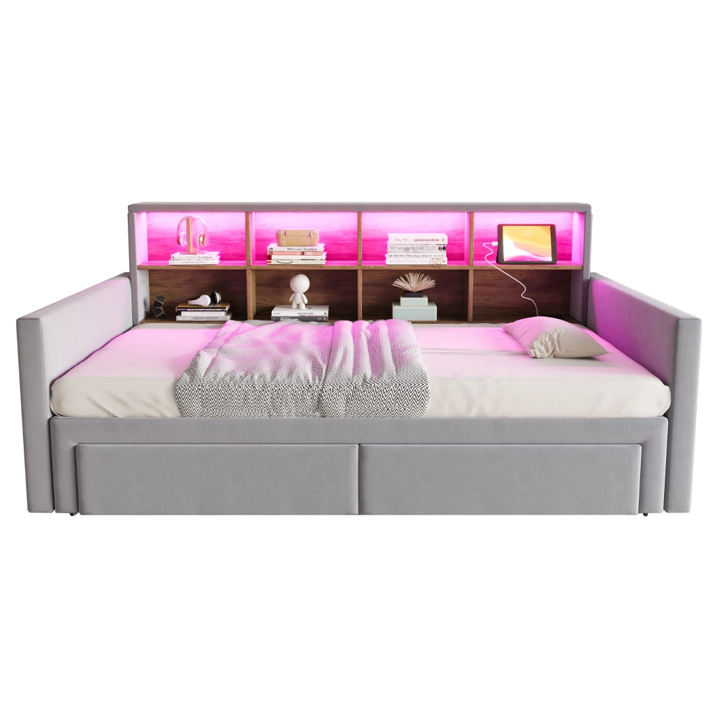 Divano letto imbottito estensibile con contenitore e luce LED