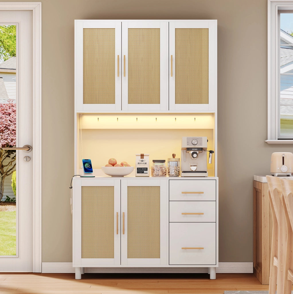 Credenza con luci LED; prese USB e prese elettriche in MDF bianco