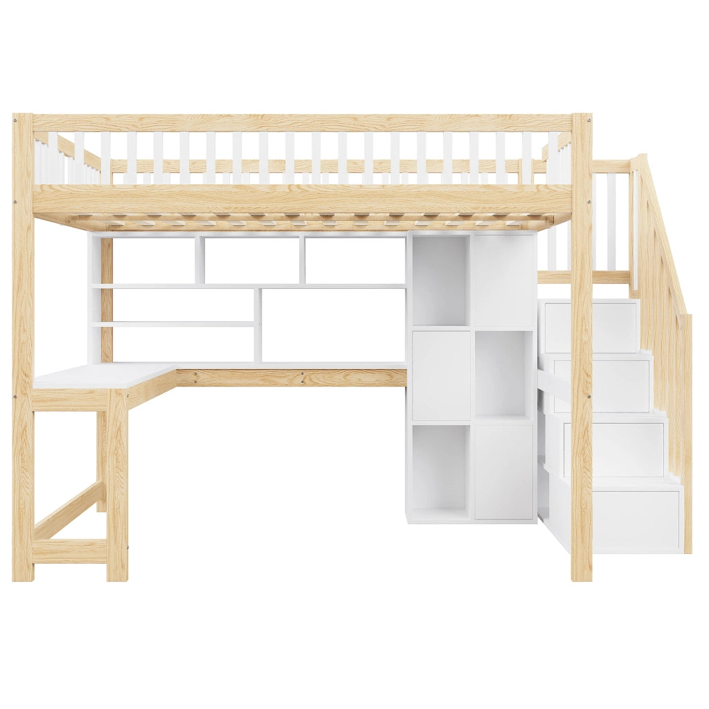 Letto a soppalco 140 × 200 cm 1 posto con LED; scala contenitore; mensole e scrivania; senza materasso