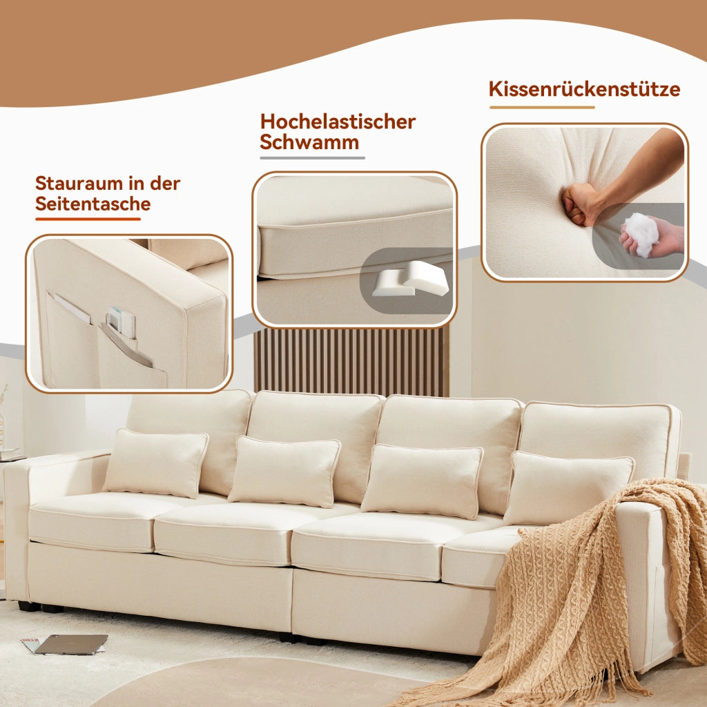 Divano a 4 posti in tessuto effetto lino beige con tasche sui braccioli e quattro cuscini lombari per soggiorno