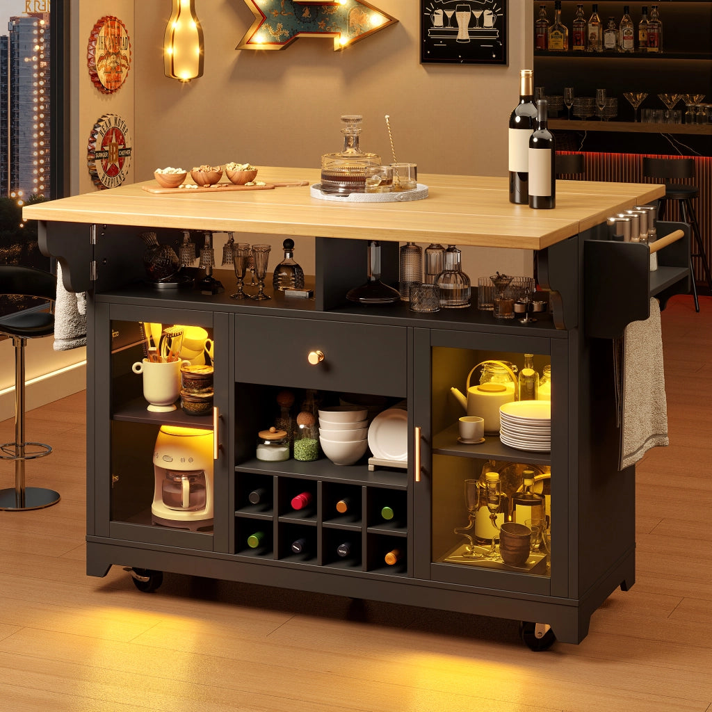 Isola cucina mobile con ruote e piano ribaltabile; 120 x 73 x 93 cm; 5 cassetti; nero