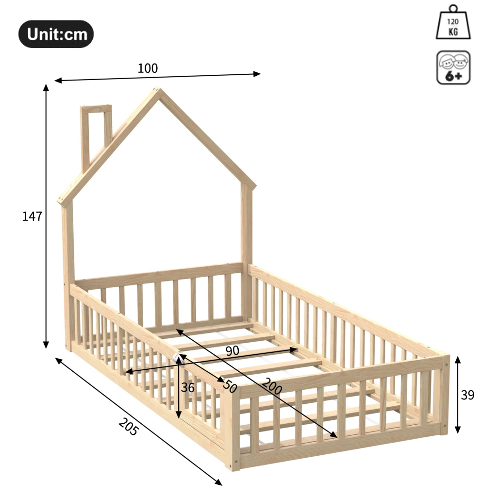 Letto a casetta 90 × 200 cm con struttura a camino; rete a doghe; in legno di pino e MDF naturale