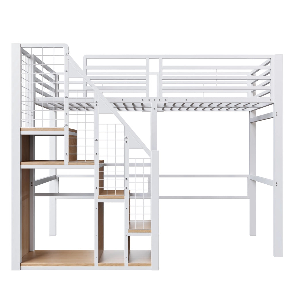 Letto a soppalco 90 × 200 cm con vano per appendere abiti e scala in metallo e MDF bianco