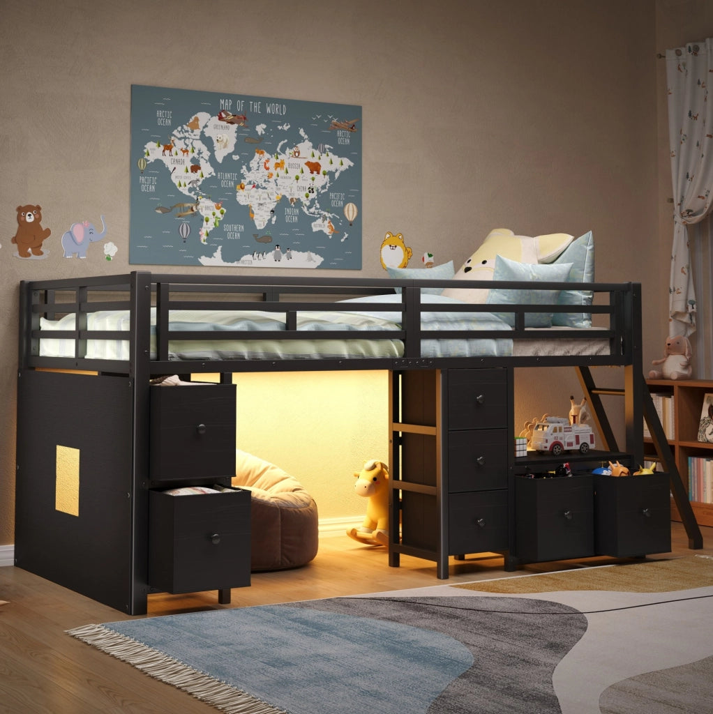 Letto a soppalco basso 90x200 cm con 7 cassetti, LED in MDF e metallo nero