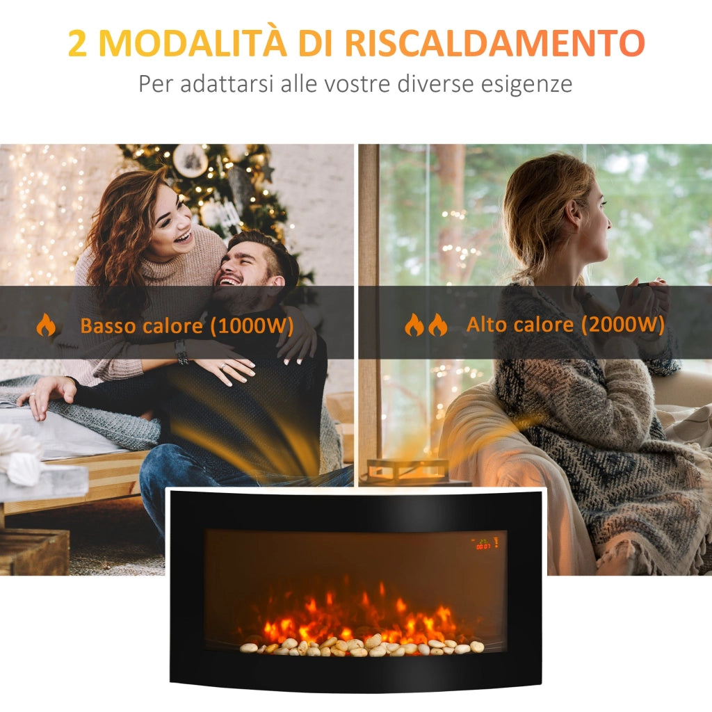 Camino Elettrico da Parete e da Incasso 1000/2000W con Luce LED RGB Nero