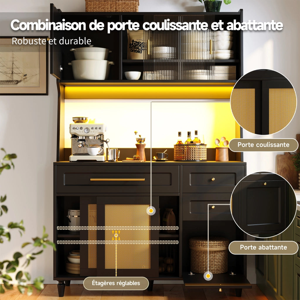 Credenza Alta da Cucina con 3 Cassetti; Ripiani Regolabili e LED; in MDF; Nero; 120x45x195;5 cm