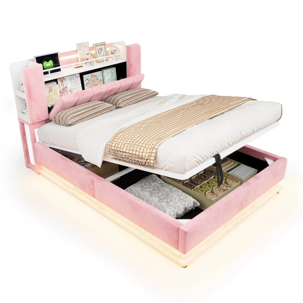 Letto imbottito 140 × 200 cm con vano idraulico LED e USB rivestito in velluto rosa struttura in metallo
