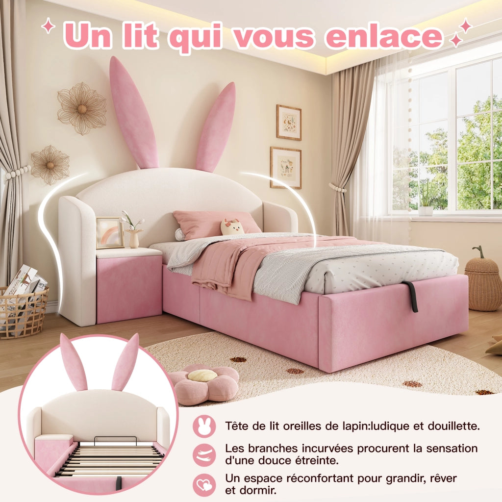 Letto contenitore 90 × 200 cm con comodino reversibile testiera imbottita in velluto beige e rosa