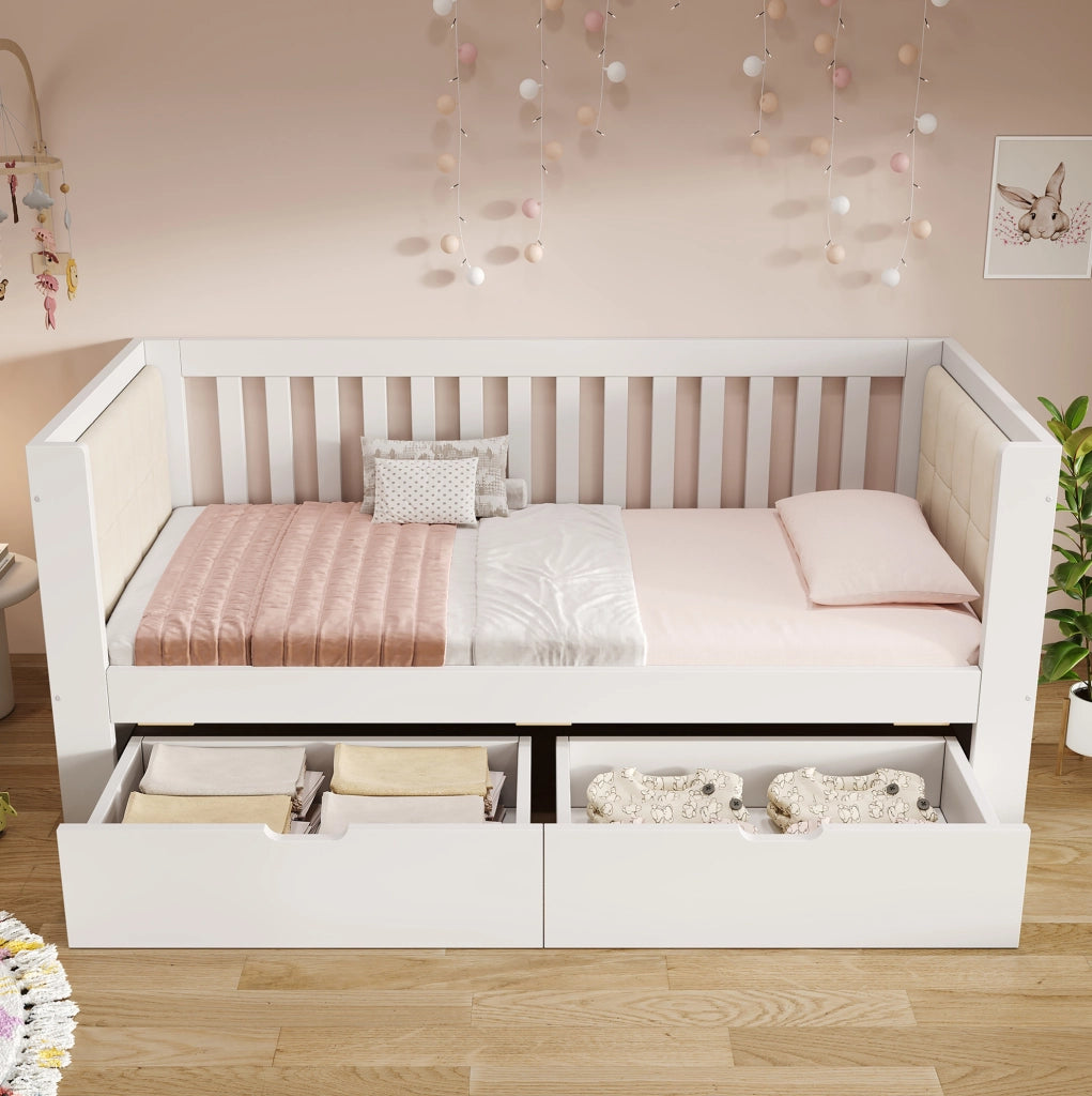 Letto singolo 90x200 cm con 2 cassetti in legno bianco HOMVRA