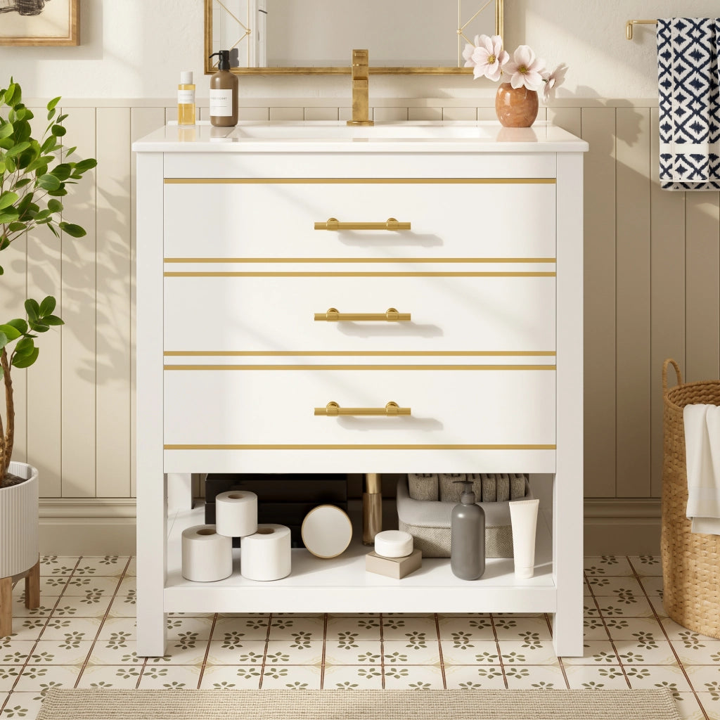 Mobiletto con lavabo da bagno a terra in MDF con lavabo in ceramica 2 cassetti vano aperto bianco e oro 76 cm