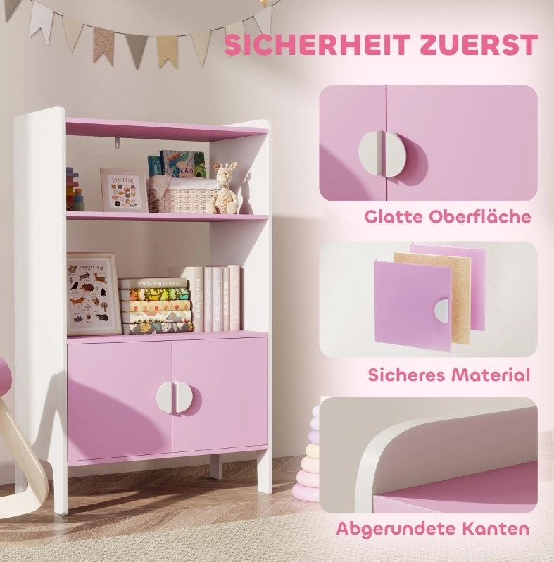 Libreria per bambini rosa con vani e ante, 60x35x100 cm